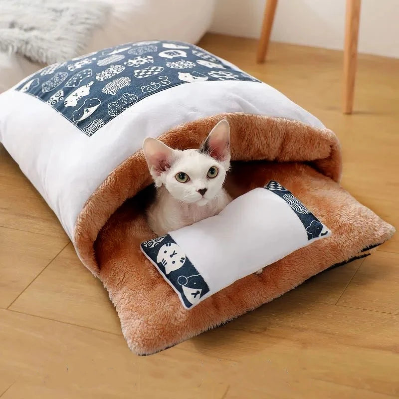 Japanese Deep Sleep Cave for Cats and Dogs, Warm Sleeping Bag, Removable Pet House, Nest Cushion with Pillow, Winter
