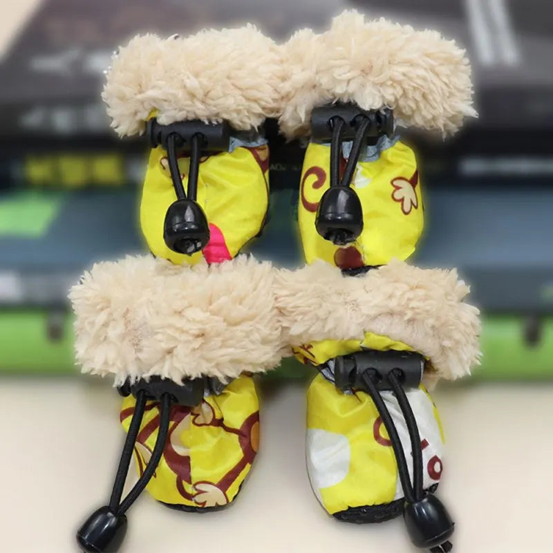 4 Pack/set Pet Winter Dogs Rain Boots With Fleece Liner Cartoon Waterproof Anti Slip Shoes For Dogs