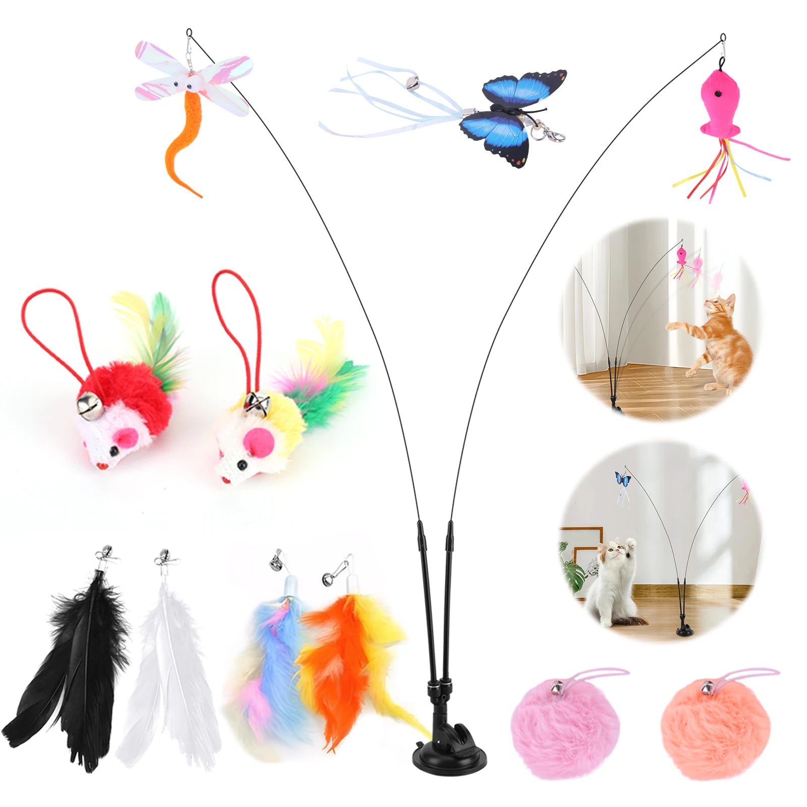 Pet Cat Toy Set Teaser Stick Set Detachable Replacement Head Toy Suit Interactive Cat Toy for Cat Training Playing Accessories