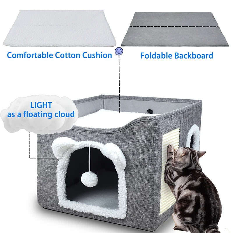 Large Cat House for Indoor Cats Foldable Hideaway with Hanging Fluffy Ball & Scratch Pad with Washable Removeable Cover