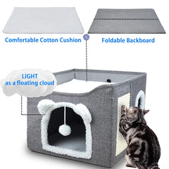 Large Cat House for Indoor Cats Foldable Hideaway with Hanging Fluffy Ball & Scratch Pad with Washable Removeable Cover