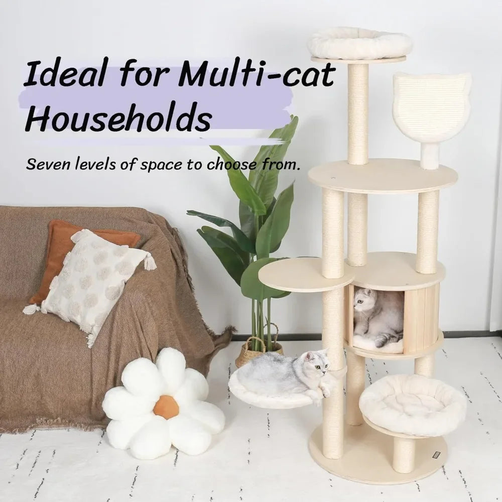 64" Tall Cat Tree - Wooden Cat Trees Tower with Cats Condo, Hammock & Top Perch, Modern Tall Cats Tree w/Natural Sisal Po