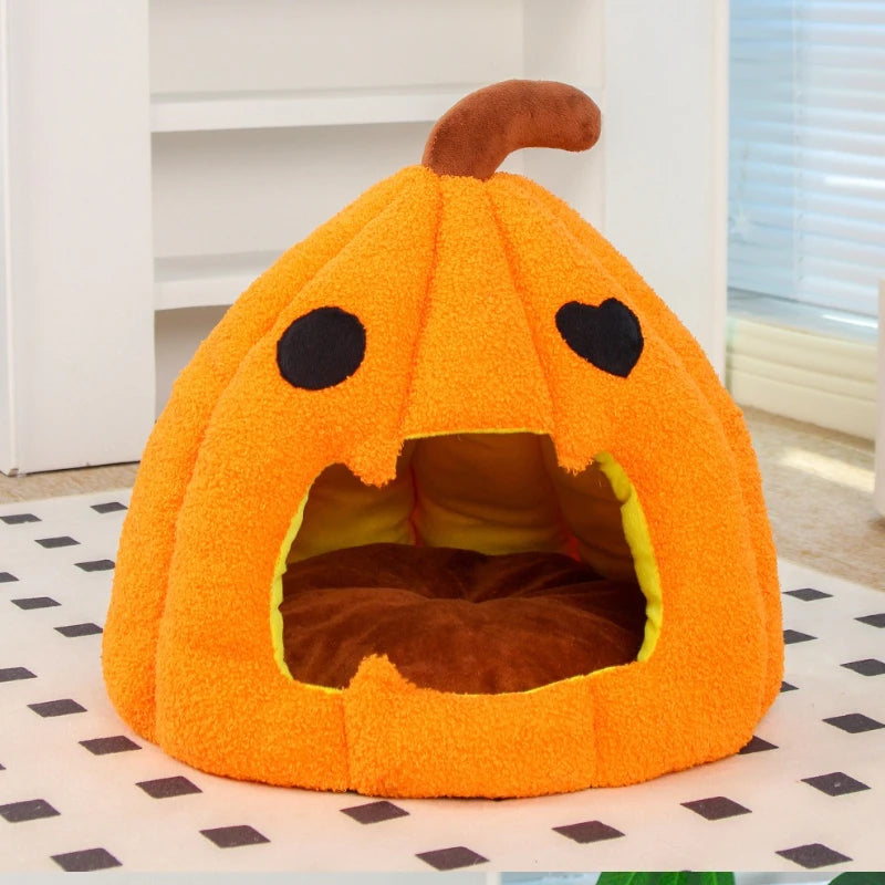 Christmas Pumpkin Pet Bed - Warm Cat & Dog House with Removable Cushion/for winter/warm/decoration/ dress up/snowflake、costumes