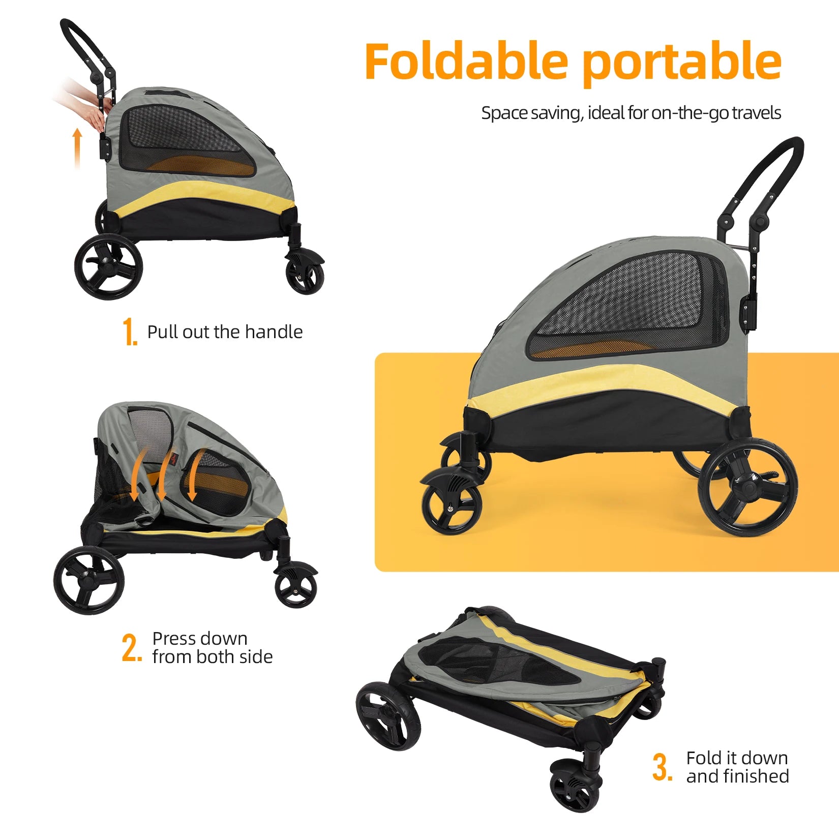 Foldable Dog Stroller for Large Pets – 4-Wheel Portable Travel Carriage for Dogs & Cats | Breathable Outdoor Pet Carrier