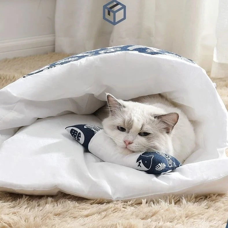 Japanese Deep Sleep Cave for Cats and Dogs, Warm Sleeping Bag, Removable Pet House, Nest Cushion with Pillow, Winter