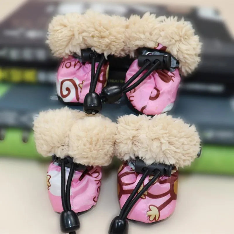 4 Pack/set Pet Winter Dogs Rain Boots With Fleece Liner Cartoon Waterproof Anti Slip Shoes For Dogs