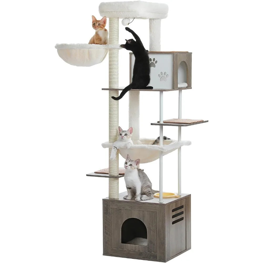Road Large Cat Tree with Food Station, 74.8 Inches Wooden Tall Cat Tower with Extra Large Condos and Hammocks,Spacious Perch