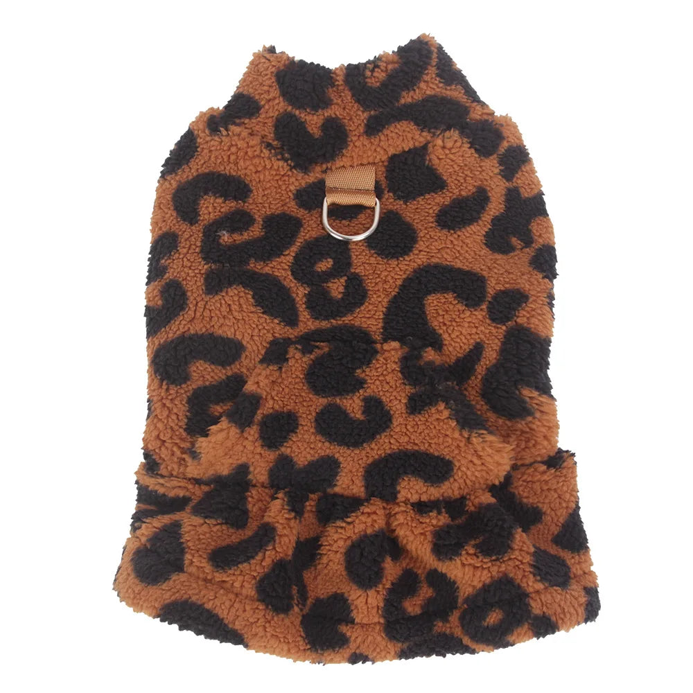 Leopard Dog Dress Coat Winter Fleece Pullover Sweatshirt Pet Clothes Sleeveless Vest Hoodies Puppy Skirt For Small Dogs Chiwawa