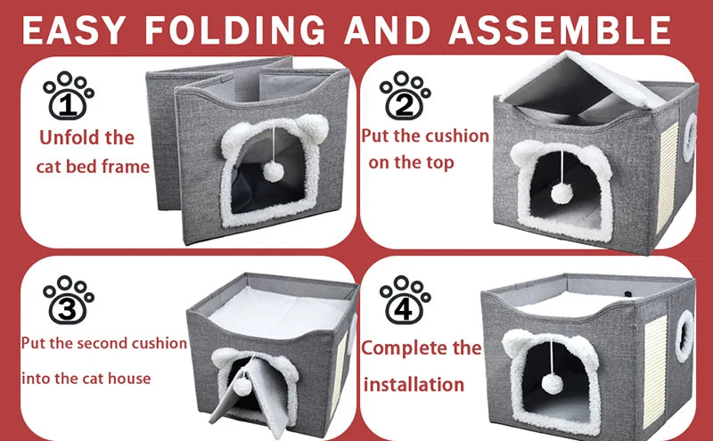 Large Cat House for Indoor Cats Foldable Hideaway with Hanging Fluffy Ball & Scratch Pad with Washable Removeable Cover