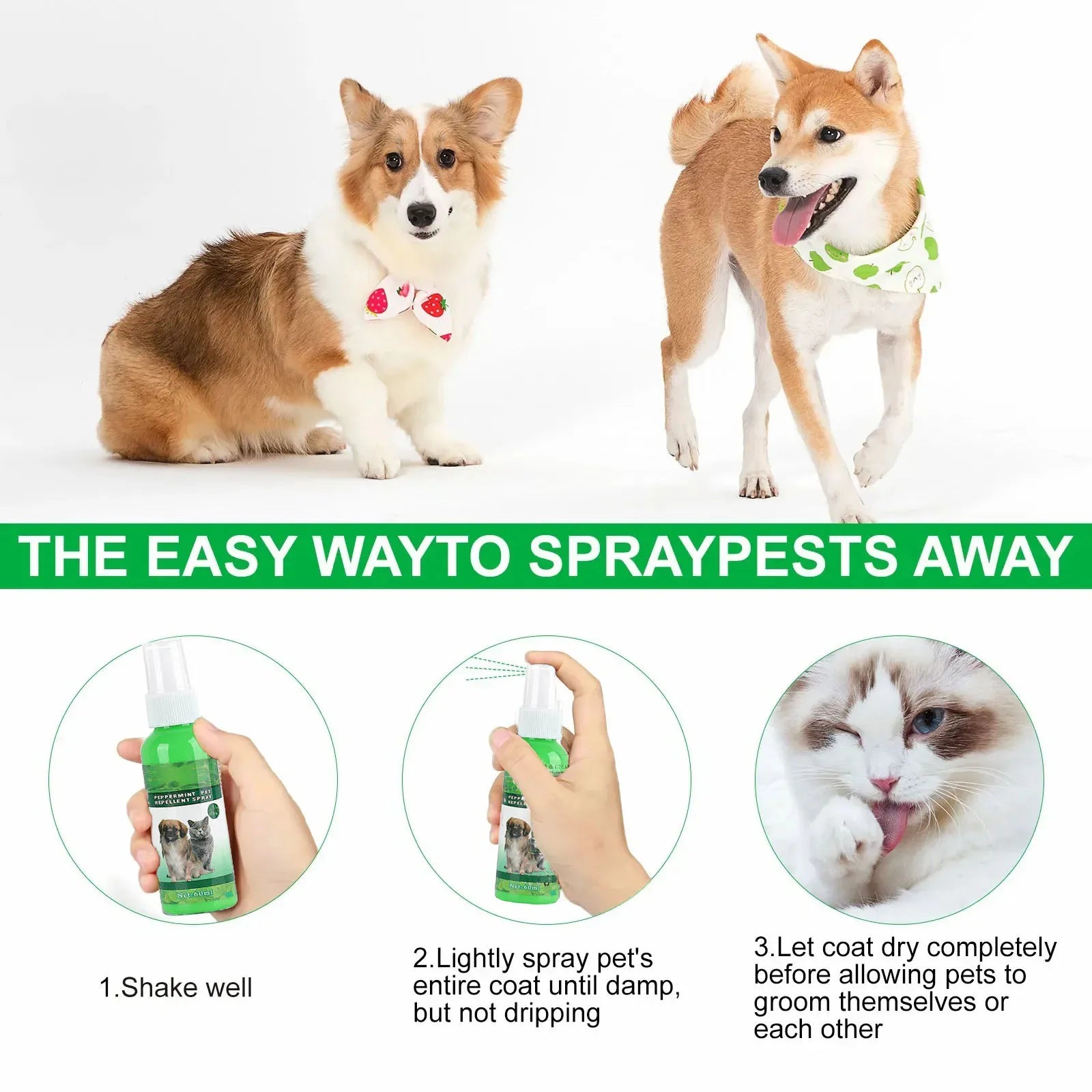 60ml Natural Pet Care Topical Flea&Tick Spray for Dogs&Cats with Fresh Fragrance Peppermint Oil and Eugenol