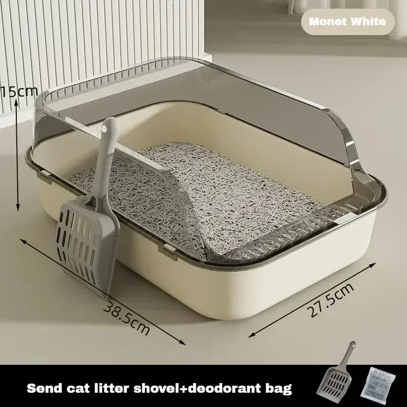 Cat Litter Box Semi Enclosed Design with High Fence Open Top Tray Easy to Clean Durable Kitty Sandbox with Scoop Pet Toilet