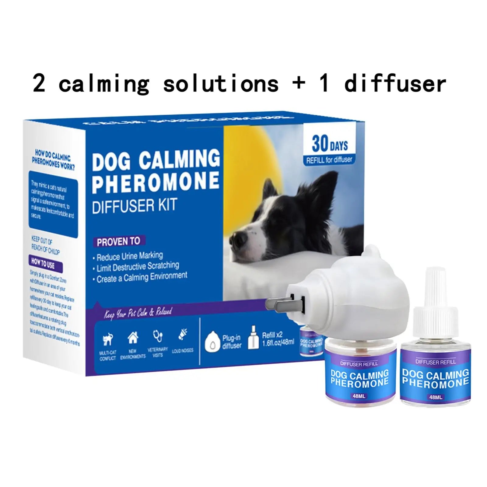 Pet Calming Diffuser Kit - Cat Pheromones Calming Diffuser Anxiety & Stress  (1 Diffuser + 1/2 Refill 48ml Vial) - 60 Days
