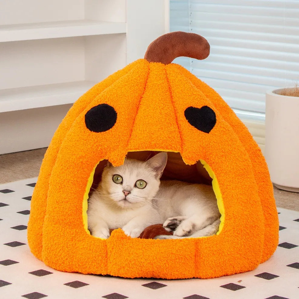 Christmas Pumpkin Pet Bed - Warm Cat & Dog House with Removable Cushion/for winter/warm/decoration/ dress up/snowflake、costumes
