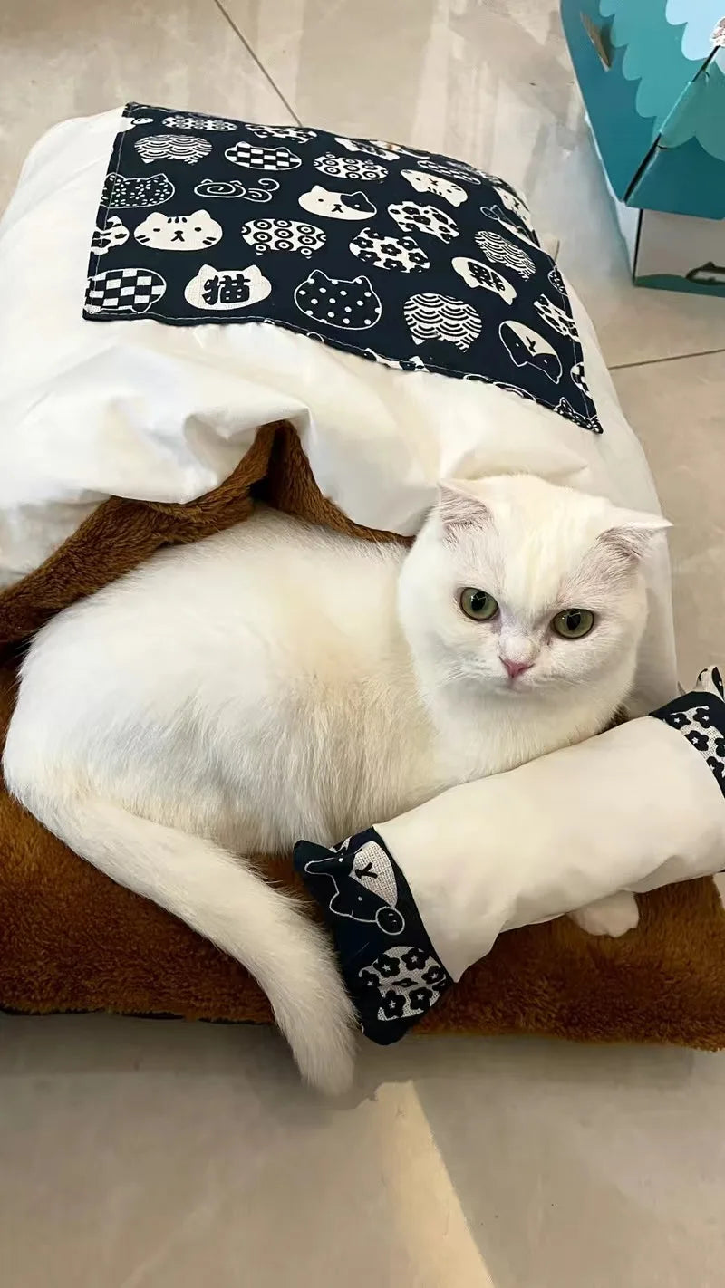 Japanese Deep Sleep Cave for Cats and Dogs, Warm Sleeping Bag, Removable Pet House, Nest Cushion with Pillow, Winter