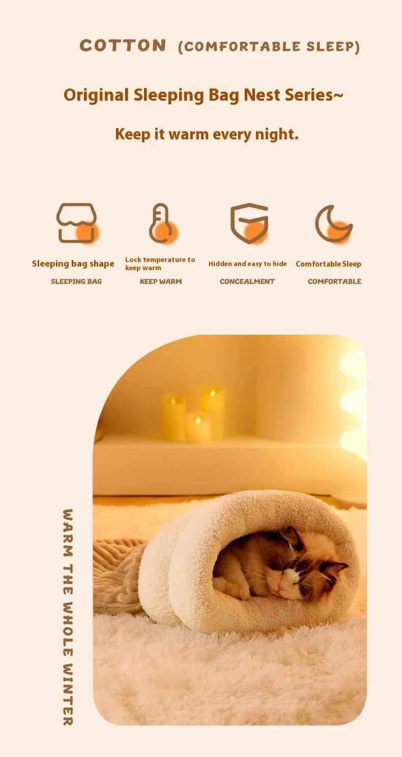 Enclosed Cat Cave Bed with Tunnel Entrance - Self Warming Plush Sleeping Bag for Winter, Security Hideaway for Pets