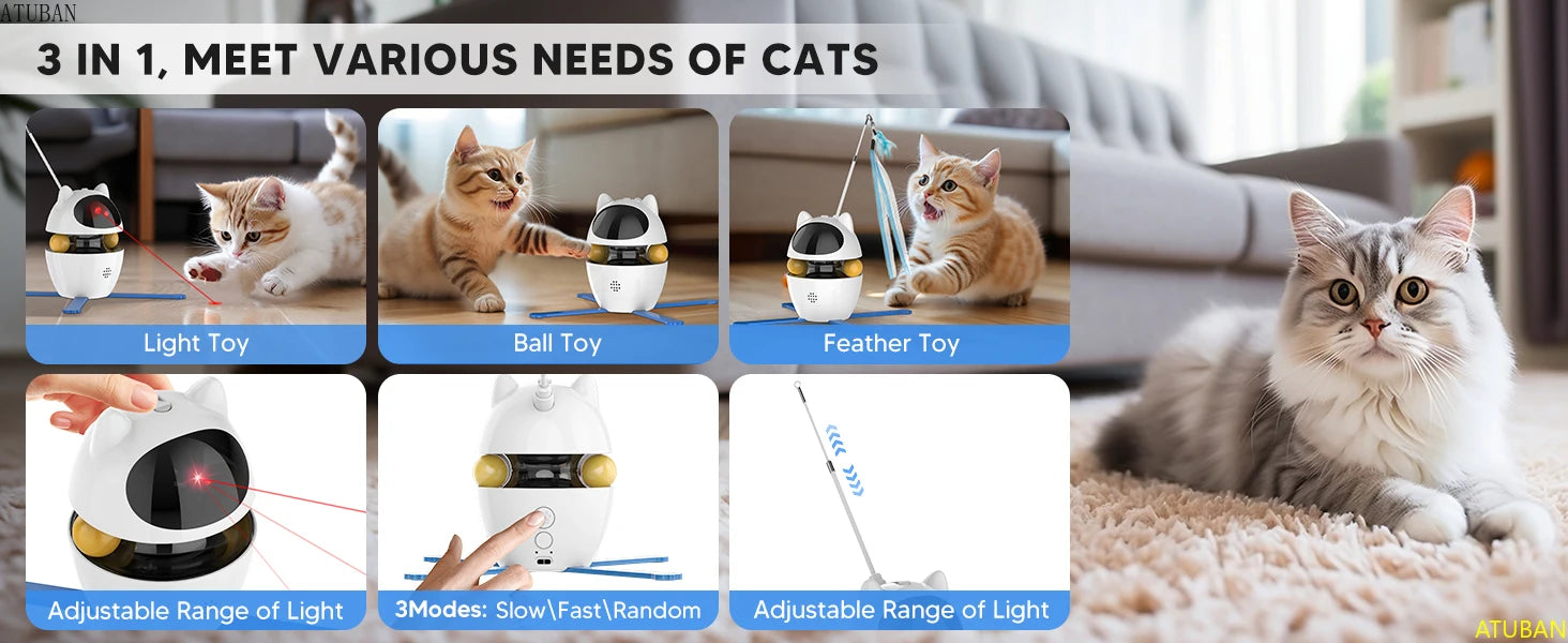 Interactive Cat Toys,3-in-1 Funny Exercise Electric Rotating Cat Toys for Indoor Cats Laser Toy, Automatic Cat Ball Kitten Toys