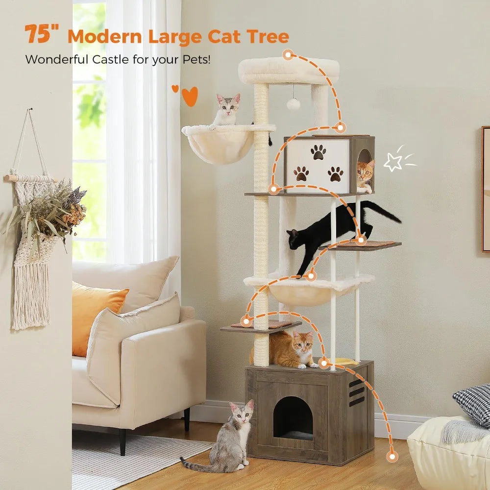 Road Large Cat Tree with Food Station, 74.8 Inches Wooden Tall Cat Tower with Extra Large Condos and Hammocks,Spacious Perch