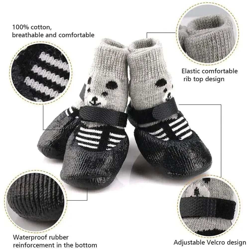 4Pcs Autumn Winter Pet Dog Shoes Socks Waterproof Cat Dog Rubber Socks Non-slip Dog Rain Snow Boots Socks Pet Knitting Warm Sock