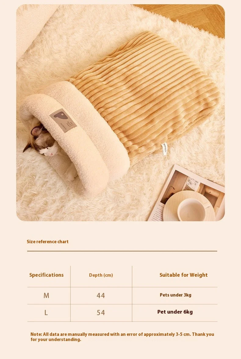 Enclosed Cat Cave Bed with Tunnel Entrance - Self Warming Plush Sleeping Bag for Winter, Security Hideaway for Pets