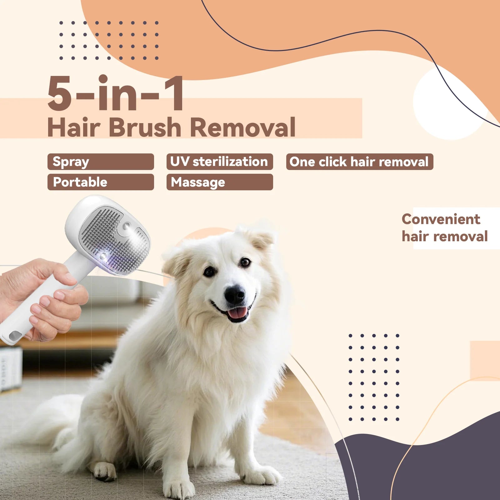 5-in-1 Pet Hair Brush with UV Sterilizer and Mist for Dogs & Cats, Deshedding Grooming Massage Comb, Easy Clean, CE FC Certified