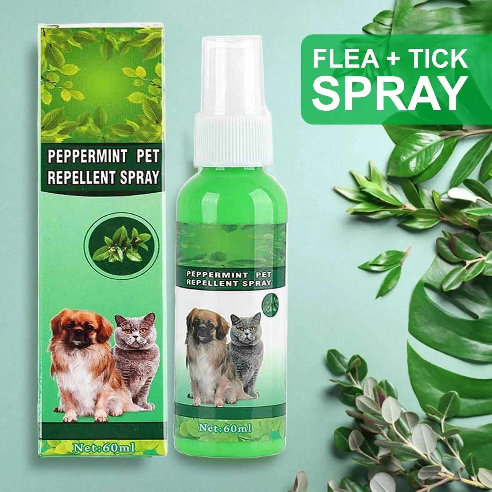 60ml Natural Pet Care Topical Flea&Tick Spray for Dogs&Cats with Fresh Fragrance Peppermint Oil and Eugenol