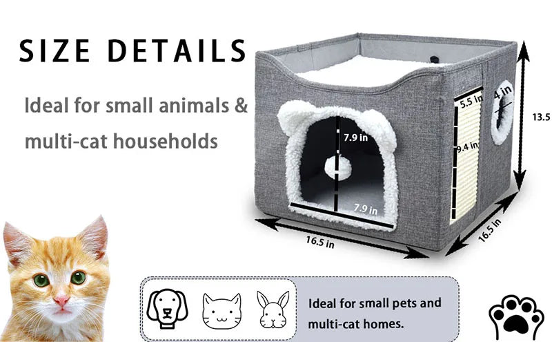 Large Cat House for Indoor Cats Foldable Hideaway with Hanging Fluffy Ball & Scratch Pad with Washable Removeable Cover