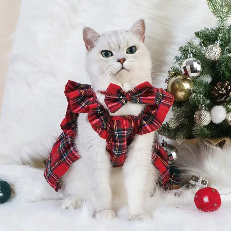 Christmas Dog Dresses Strap Autumn Winter Dog Clothing Skirt Cat Pet Clothing Cosplay Christmas Checker Clothes for Small Dog