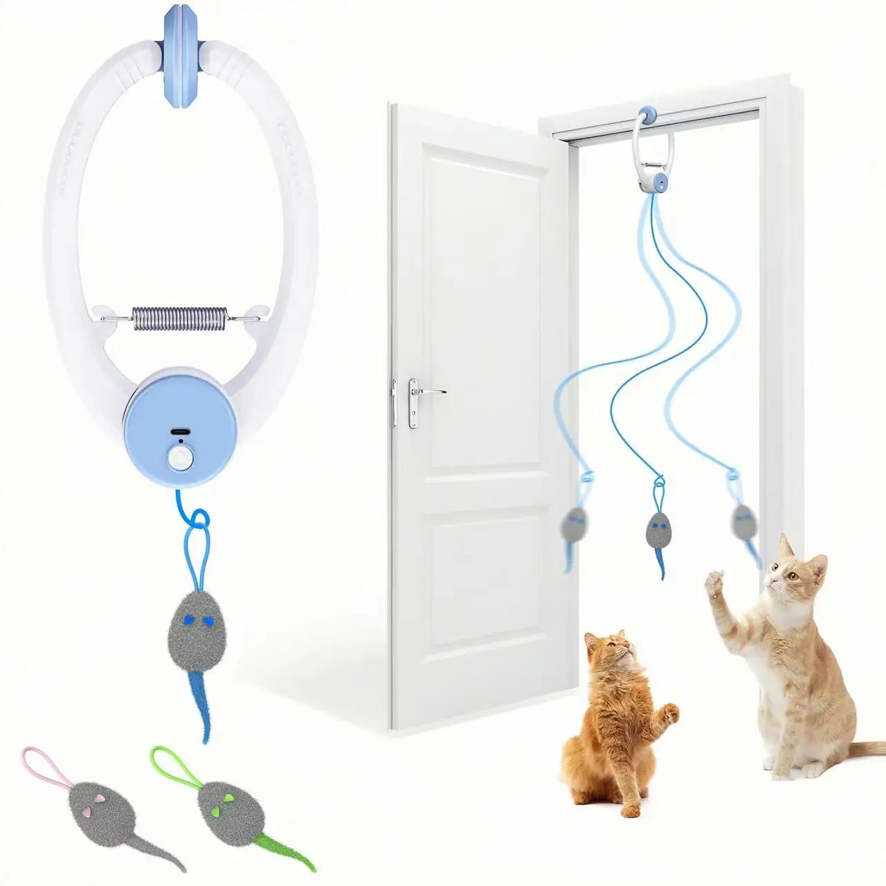 Door Hanging Auto-Rebound Cat Toy, Retractable Kitten Teaser with 3 Colorful Mice, Interactive Pet Play Toy for Indoor Cats