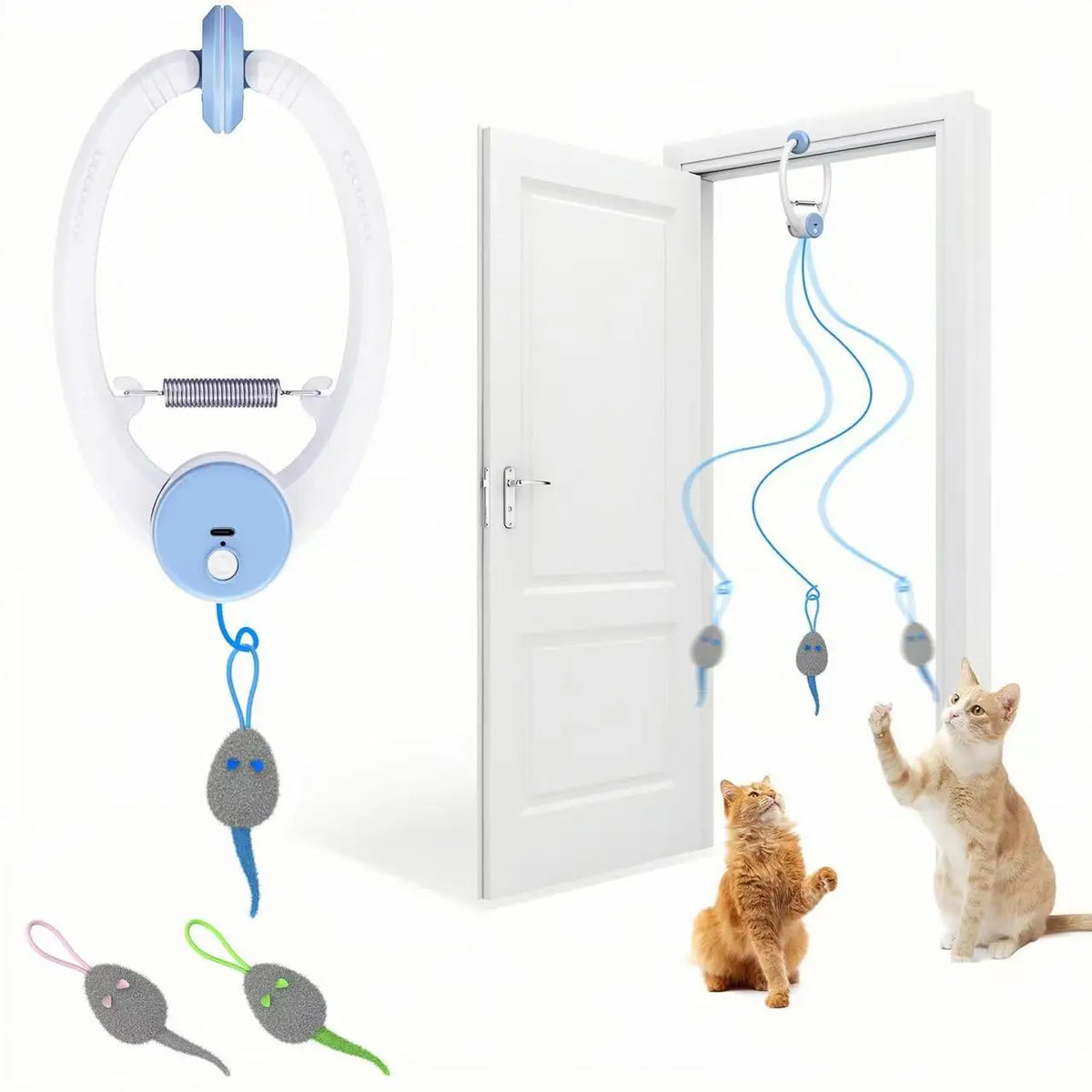 Door Hanging Auto-Rebound Cat Toy, Retractable Kitten Teaser with 3 Colorful Mice, Interactive Pet Play Toy for Indoor Cats