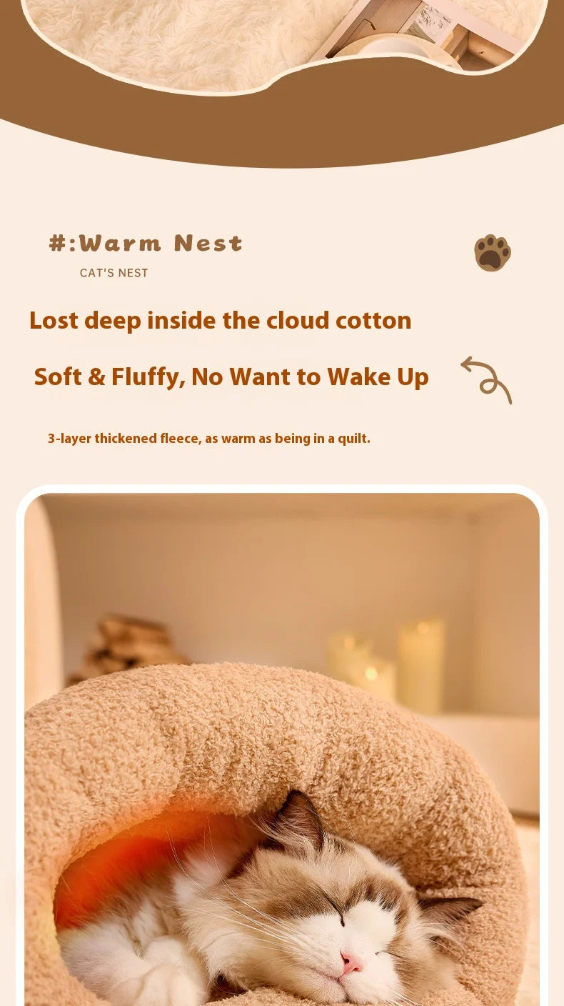 Enclosed Cat Cave Bed with Tunnel Entrance - Self Warming Plush Sleeping Bag for Winter, Security Hideaway for Pets