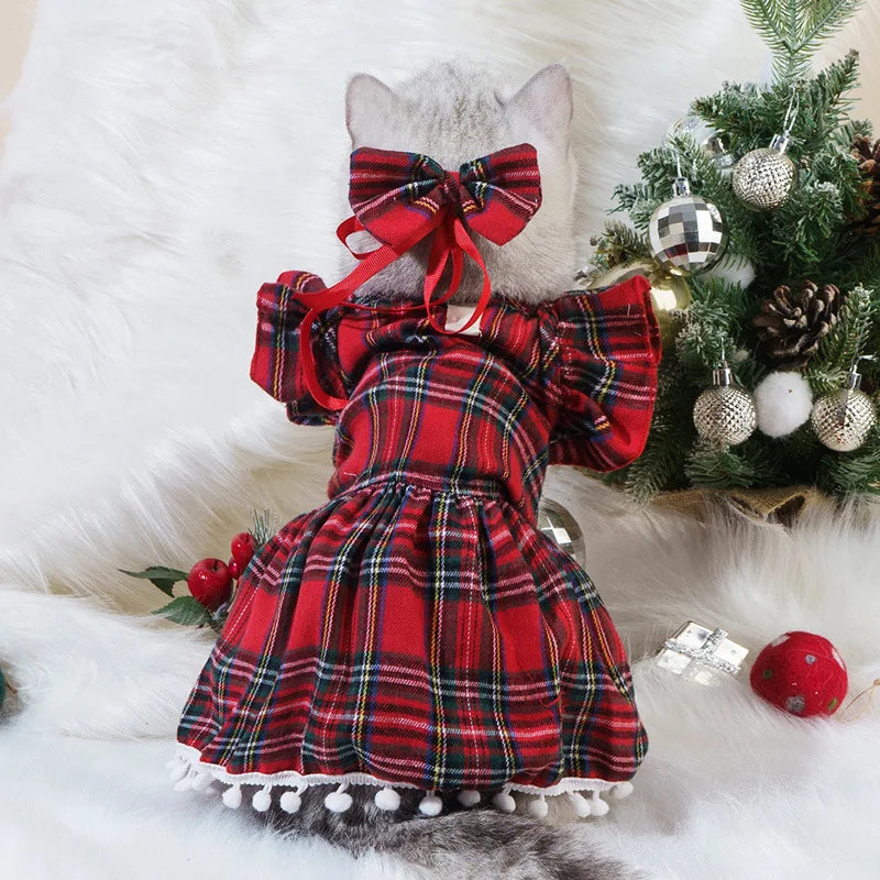 Christmas Dog Dresses Strap Autumn Winter Dog Clothing Skirt Cat Pet Clothing Cosplay Christmas Checker Clothes for Small Dog