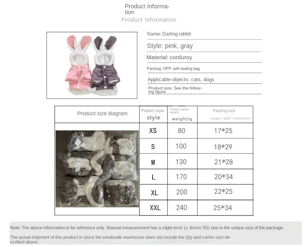 Warm Winter Clothes for Kittens Cute Bunny Appearance Cat Clothes Puppy Cute Coat Cats Dog Supplies Pet Products Home Garden