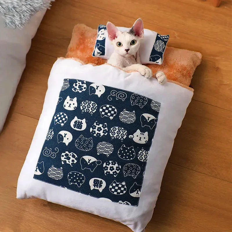Japanese Deep Sleep Cave for Cats and Dogs, Warm Sleeping Bag, Removable Pet House, Nest Cushion with Pillow, Winter
