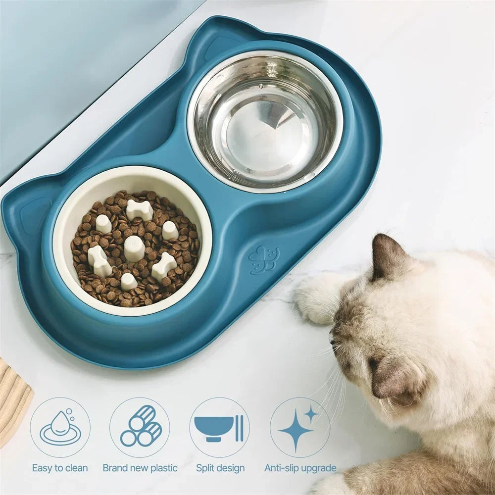 Pet Cat Feeding Bowl Stainless Steel Bowl Silicone Base Anti-Wrestling Dog and Cat Slow Food Bowl to Prevent Pet Choking Feeder