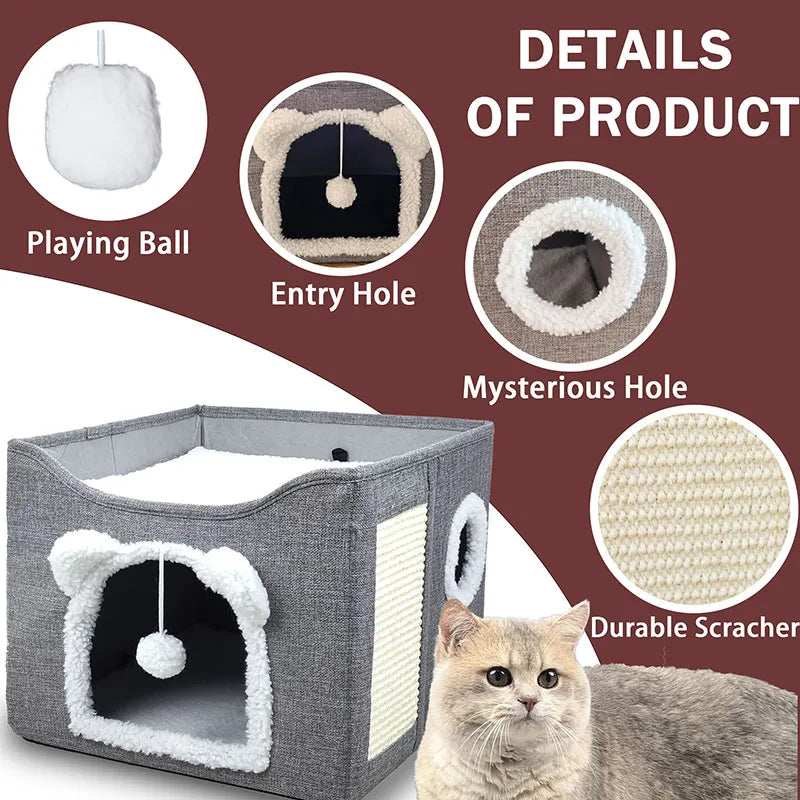 Large Cat House for Indoor Cats Foldable Hideaway with Hanging Fluffy Ball & Scratch Pad with Washable Removeable Cover