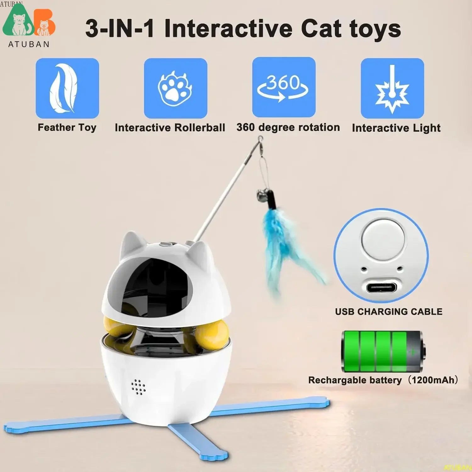 Interactive Cat Toys,3-in-1 Funny Exercise Electric Rotating Cat Toys for Indoor Cats Laser Toy, Automatic Cat Ball Kitten Toys