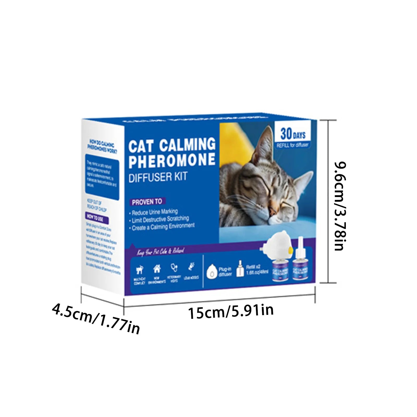 Pet Calming Diffuser Kit - Cat Pheromones Calming Diffuser Anxiety & Stress  (1 Diffuser + 1/2 Refill 48ml Vial) - 60 Days
