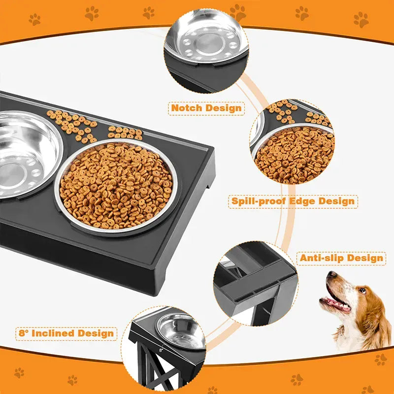 Adjustable Elevated Dog Bowl Stand - 3-Height Raised Feeder with Slow Feed Inserts