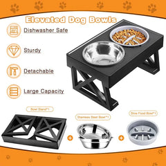 Adjustable Elevated Dog Bowl Stand - 3-Height Raised Feeder with Slow Feed Inserts
