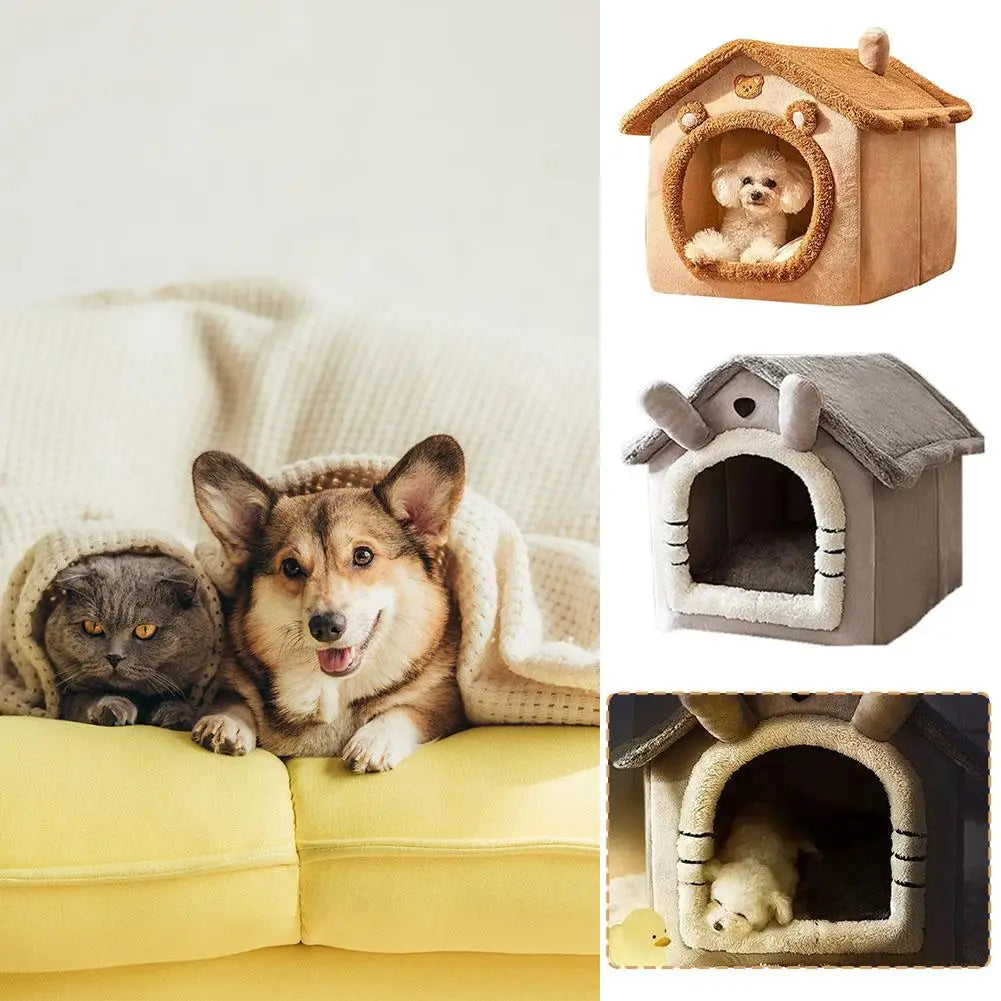 Bear Ear Pet House - Thickened Winter Warm Cat Bed with Removable Cushion