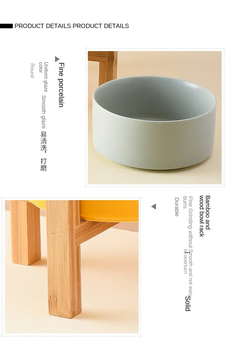 Ceramic Elevated Dog Bowl Stand - 1800ml Double Feeder with Wooden Base