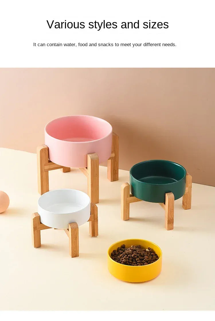 Ceramic Elevated Dog Bowl Stand - 1800ml Double Feeder with Wooden Base