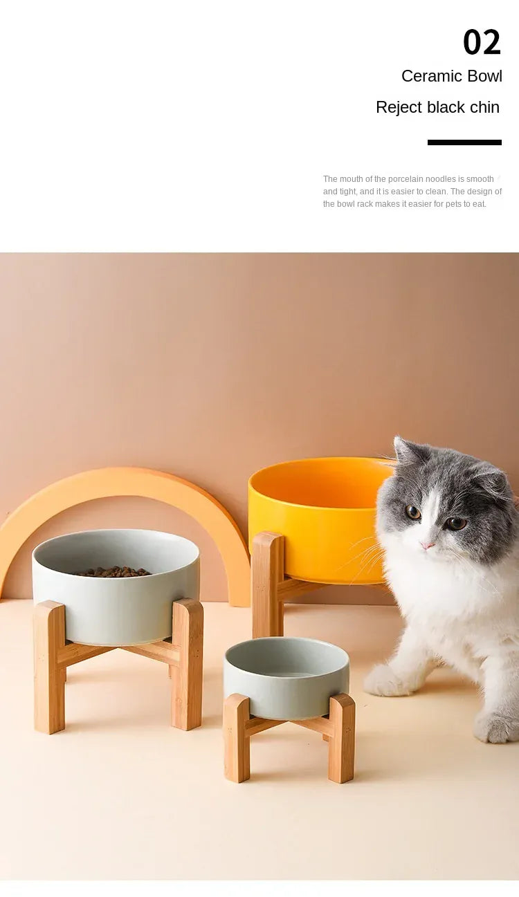 Ceramic Elevated Dog Bowl Stand - 1800ml Double Feeder with Wooden Base