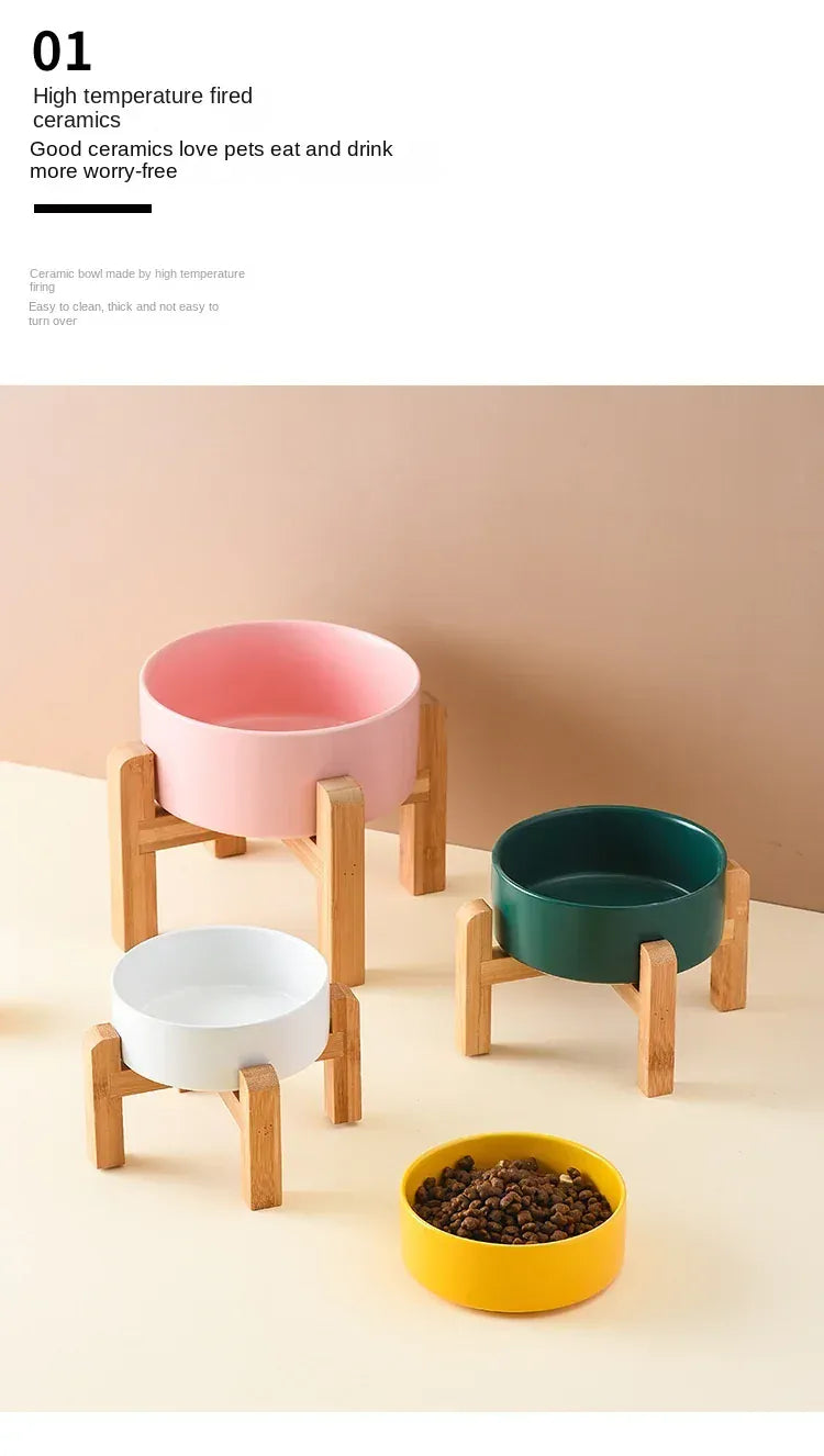 Ceramic Elevated Dog Bowl Stand - 1800ml Double Feeder with Wooden Base
