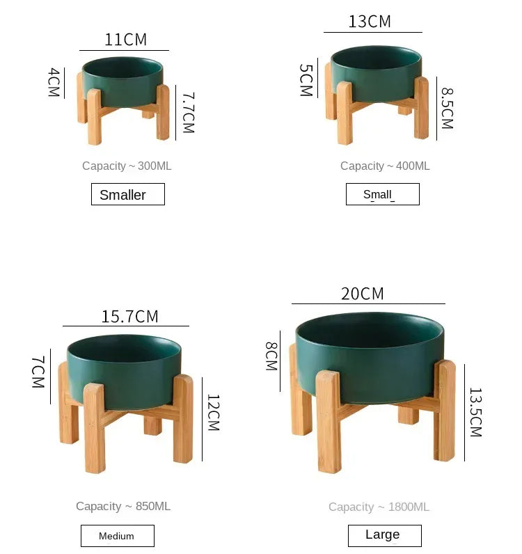 Ceramic Elevated Dog Bowl Stand - 1800ml Double Feeder with Wooden Base