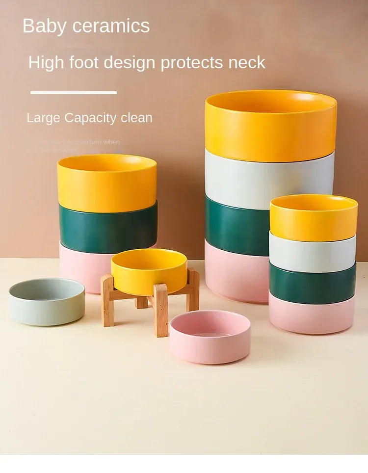 Ceramic Elevated Dog Bowl Stand - 1800ml Double Feeder with Wooden Base