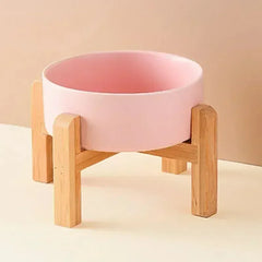 Ceramic Elevated Dog Bowl Stand - 1800ml Double Feeder with Wooden Base