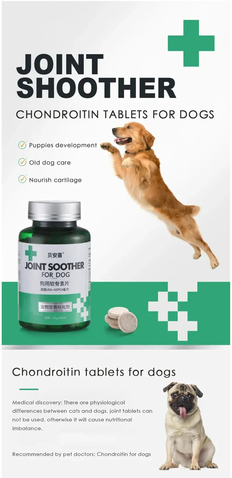 Chondroitin Tablets for Dogs - Joint Support Supplement for Senior Dogs, 200 Count Glucosamine & MSM for Hip & Joint Health