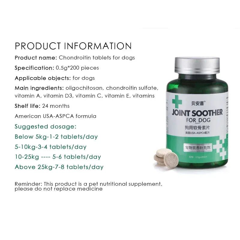 Chondroitin Tablets for Dogs - Joint Support Supplement for Senior Dogs, 200 Count Glucosamine & MSM for Hip & Joint Health