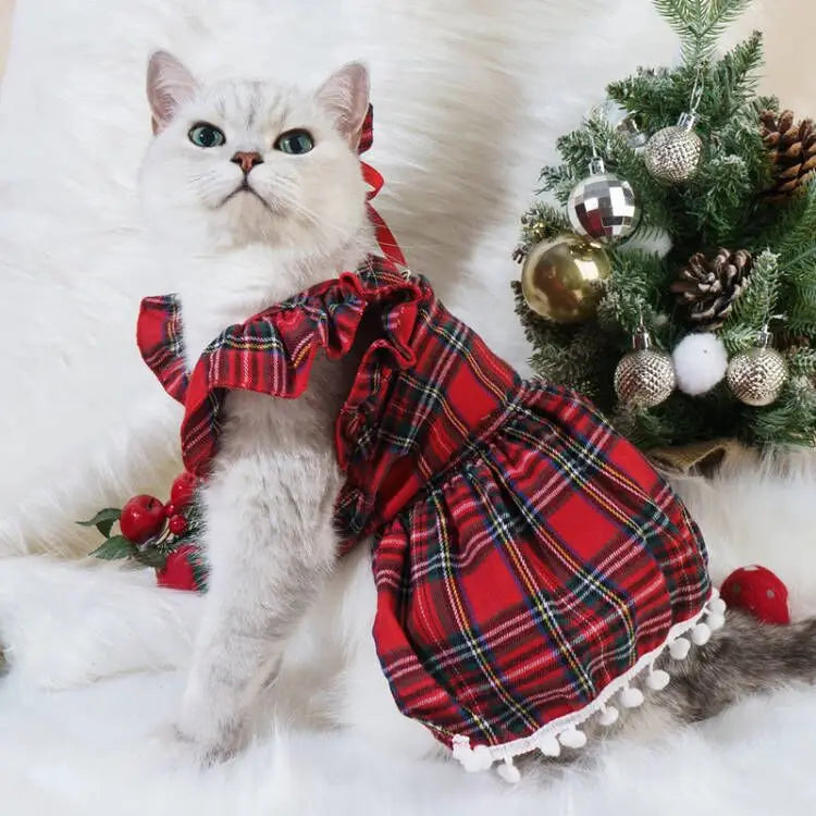 Christmas Dog Dress | Winter Pet Clothing Skirt for Small Dogs & Cats | Holiday Checker Outfit | Cute Xmas Cosplay Dress for Puppies